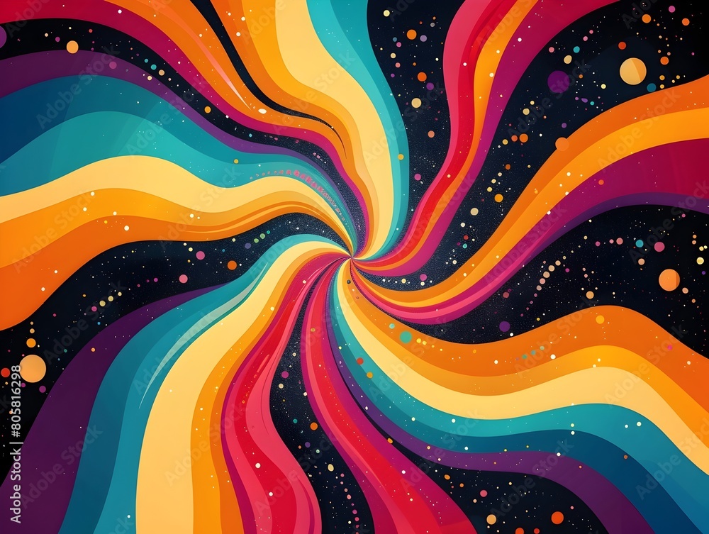 Poster vibrant psychedelic swirls of multicolored cosmic explosion in retro style abstract pattern design