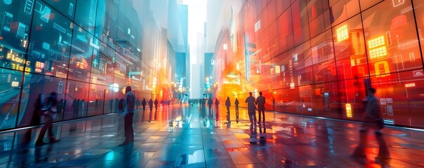 Vibrant Urban Square with Interactive Digital Art Displays and Bustling Human Activities