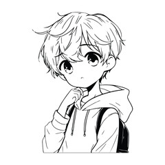 cute anime boy manga style hand drawn vector illustration, adult coloring pages, coloring book	