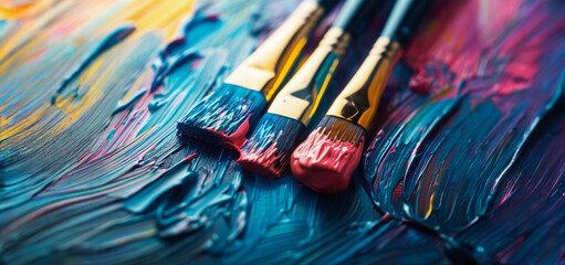 Three paintbrushes are on a blue and yellow canvas