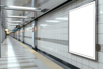 A creative white blank mockup is strategically placed in a metro hallway, juxtaposed against the hustle, with a white blank poster billboard sharpen with large copy space