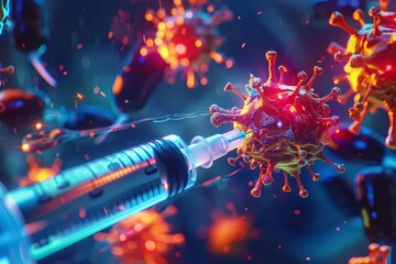 A dynamic 3D animation showcases a syringe delivering a powerful virus vaccine in an advanced pharmaceutical research setting, Sharpen banner template with copy space on center