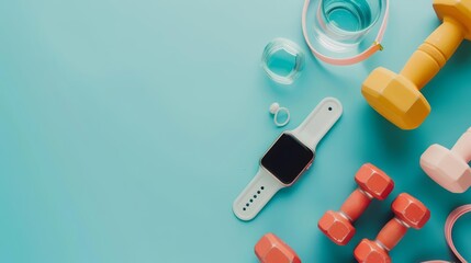 A fitness tracker, dumbbells, and a water bottle compose a creative flat lay template for health enthusiasts, with solid background and copy space on center