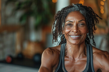 A professional portrait showcases a smiling, active black African American woman, gracefully practicing fitness Pilates in her home gym, embodying health and vitality.