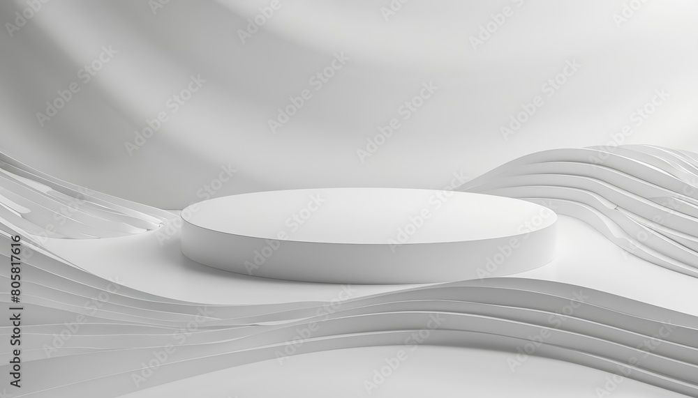 Poster a minimal white setting highlights the wavy lines of a 3d rendering podium, perfect for a studio sho