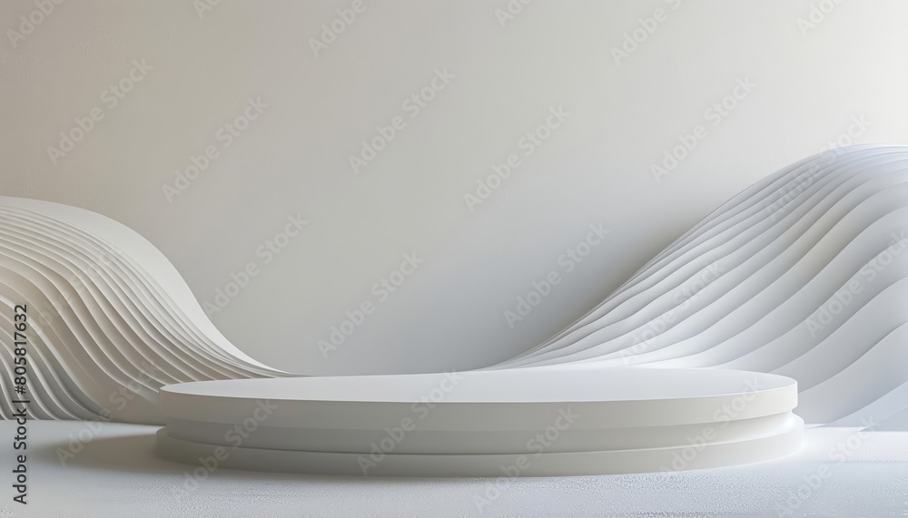 Poster a minimal white setting highlights the wavy lines of a 3d rendering podium, perfect for a studio sho