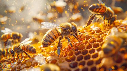 Honeybees diligently work on their honeycomb, detailed by sparkling golden particles in the sunlight.