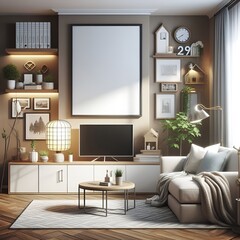 modern living room,living room interior, Cozy home interior with frame mockup, 3d render with big Led on the wall