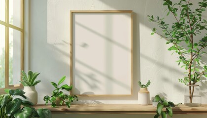 A Mockup poster frame in a Modern ScandiBoho environment creates a serene and inviting atmosphere, 3D render sharpen