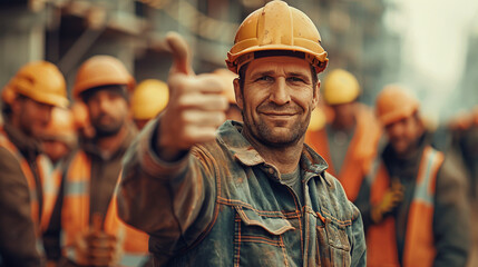 On Labor Day, a skilled bricklayer confidently signaled approval with a thumbs up amidst a bustling crowd of builders, engineers, and laborers, showcasing expertise and camaraderie.