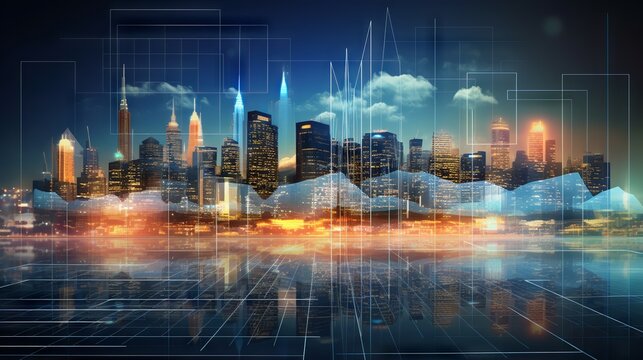 Dynamic cityscape: financial graphs overlay digital screen in business concept