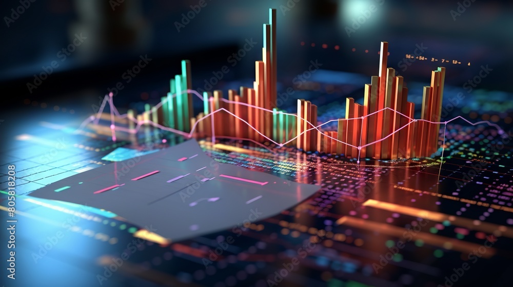 Poster financial data analysis and report visualization with 3d hologram concept: business technology and m