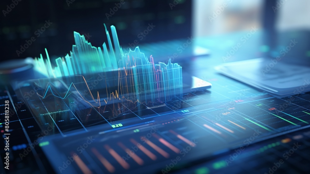 Poster financial data analysis and report visualization with 3d hologram concept: business technology and m