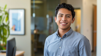 copy space, best job candidate hispanic male, age around 30, indoor business office related background. Succesful hispanic business man. Business concept. Young hispanic man looking for a job.