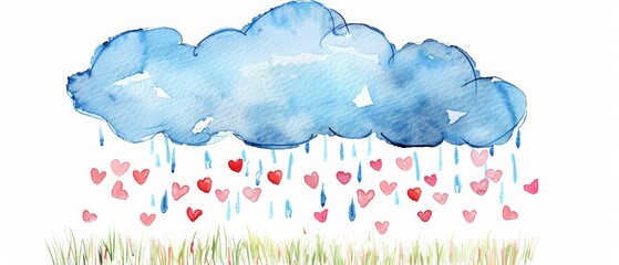 A watercolor painting of a kawaii cloud raining tiny hearts over a field, cute and delightful, Clipart isolated on white background