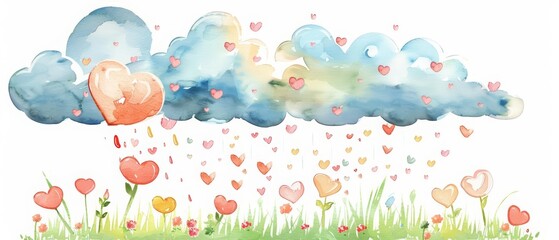 Naklejka premium A watercolor painting of a kawaii cloud raining tiny hearts over a field, cute and delightful, Clipart isolated on white background