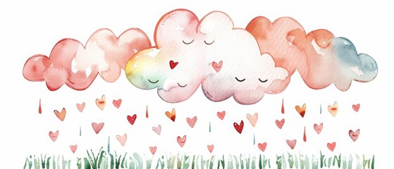 A watercolor painting of a kawaii cloud raining tiny hearts over a field, cute and delightful, Clipart isolated on white background