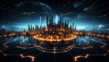 Fototapeta premium Cyber world Earth, glowing crypto paths, wide angle, futuristic digital finance