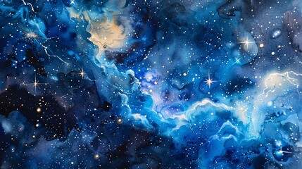 a watercolor painting of space with stars and the Aquarius constellation, beautifully rendered on textured watercolor paper