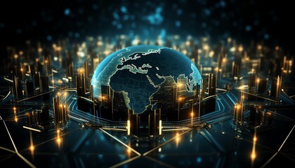 Network defense icons over digital Earth, dark backdrop, global security concept