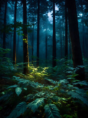 A magical forest bathed in moonlight, with ethereal clouds floating amidst the treetops, casting mysterious shadows on the forest floor below.