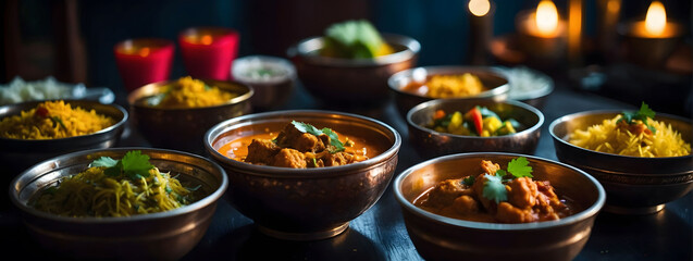 A mouthwatering assortment of Indian dishes served in bowls on a dark table, providing a feast for...