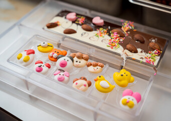 Ingredients for making handmade chocolates and candies in a workshop