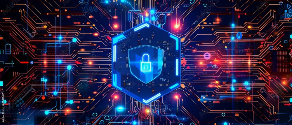 Poster cybersecurity concepts are visualized with a motherboard and data safety features, sharpen banner te
