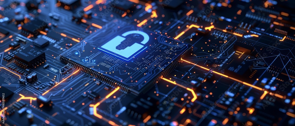 Poster cybersecurity concepts are visualized with a motherboard and data safety features, sharpen banner te