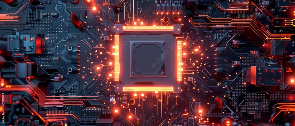 Poster cybersecurity concepts are visualized with a motherboard and data safety features, sharpen banner te