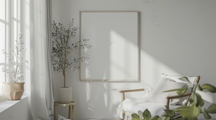 Decor in a cozy white interior is beautifully framed by a 3D mockup frame that captures the essence of tranquility, 3D render sharpen