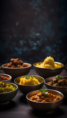 A tempting spread of Indian delicacies served in bowls on a dark table, offering a tantalizing glimpse into the diverse flavors and textures of the cuisine.