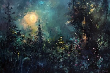 Obraz premium A painting of a forest with a full moon in the sky