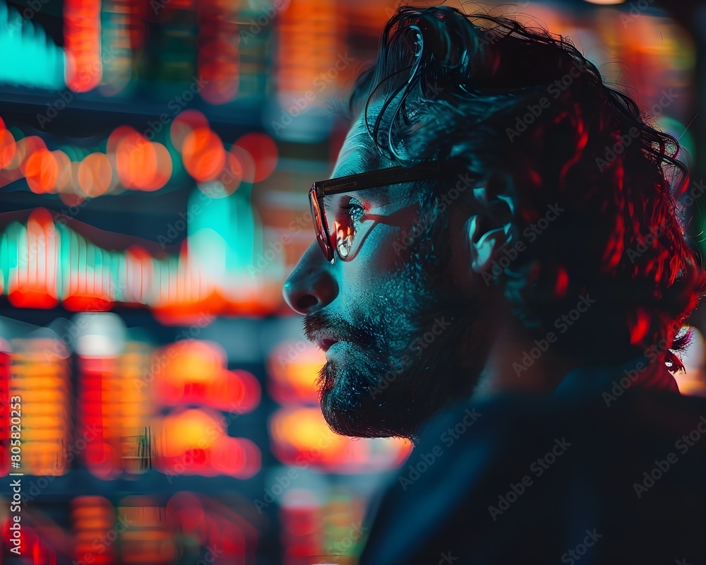 Poster focused forex trader assessing currency exchange rates on digital display in neon lit urban workspac