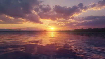 Fototapeta premium Nature's Canvas: A Mesmerizing Sunset Paints the Sky Above the Tranquil Lake