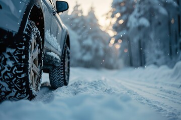 Winter tire and snow chain on a snow-covered car wheel. Generative Ai