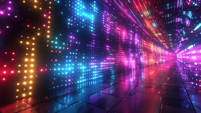 Glowing color lattice, wideangle, neon grid pulsating, vibrant, futuristic abstract backdrop