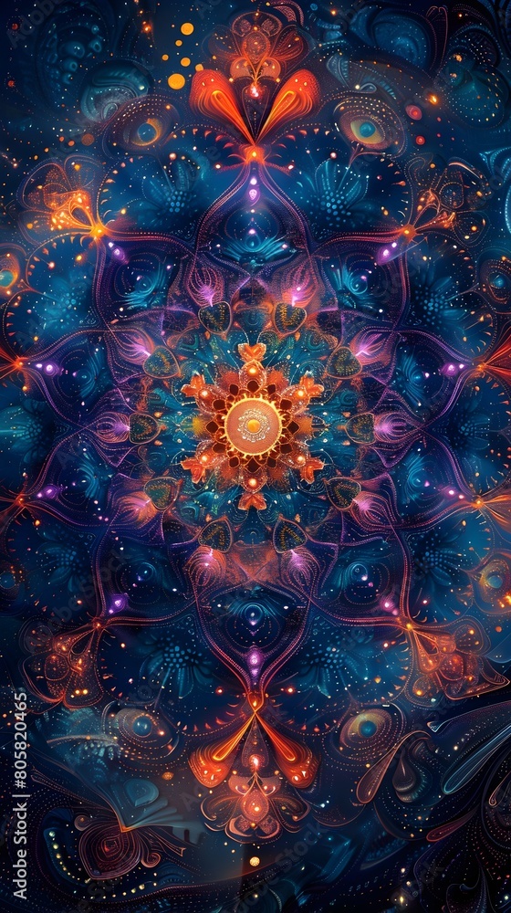 Poster intricate digital mandala with modern tech twist captivating cosmic visuals and abstract patterns