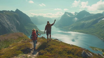 Obraz premium Summit Success: Together, the Family Conquers New Heights, Bonding Amidst Majestic Views