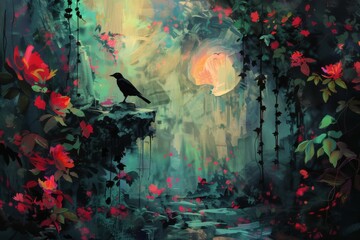 Fototapeta premium A painting of a forest with a bird perched on a rock