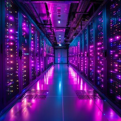 Fototapeta premium Networking infrastructure, wideangle, rack cabinets under LED glow, soft light, connected technology essence