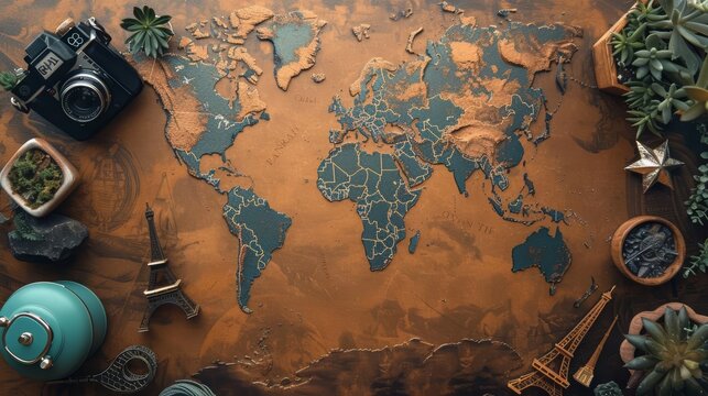 Featuring a world map and miniature landmarks, this creative flat lay template inspires travel and adventure, with solid background and copy space on center