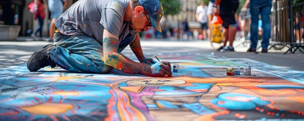 Fototapeta premium Talented Chalk Creating Mesmerizing 3D Illusion Art on City Sidewalk
