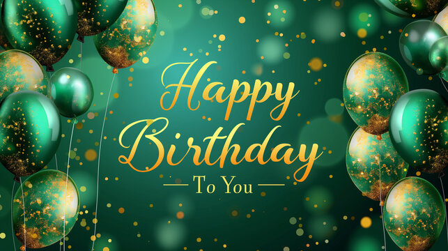 Happy Birthday green and yellow invitation card with balloons. Happy Birthday To You in text.
