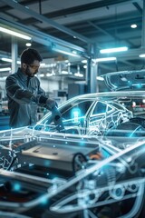 Fototapeta premium Automotive engineer using advanced technology in futuristic assembly line for car manufacturing