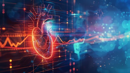 Heartbeat rhythm hologram featured in the medical research banner highlights breakthroughs in cardiology, Sharpen banner template with copy space on center