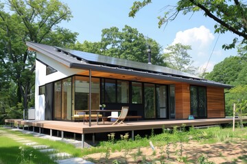 Fototapeta na wymiar Contemporary energy-efficient home design laid out in a modern and self-sustaining manner