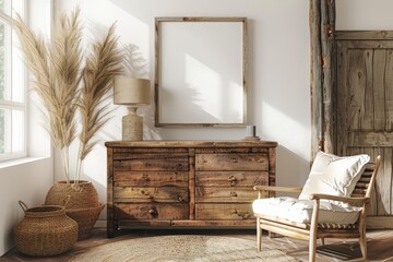 In a farmhouse living room, the rustic decor is accentuated by a photography frame mockup on a wooden side table, 3D render sharpen
