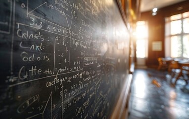 Imagine a detailed photograph of a chalkboard covered in complex, hand-drawn equations and diagrams in an artistic manner, showcasing the beauty of mathematical or scientific knowledge. - Powered by Adobe