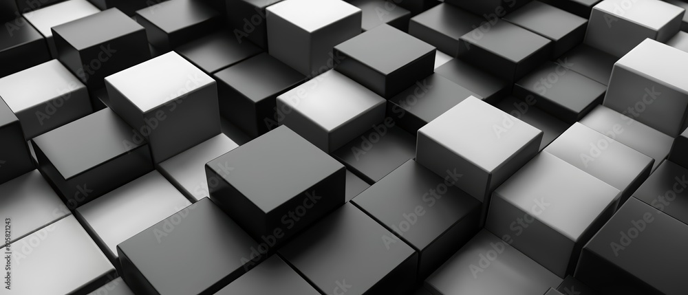 Poster in this background, black cubes of different sizes create a pattern of white luxury and modern shape